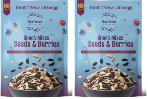 Image of Khari Foods Seeds Berries Snack Trail Mix, 6 in 1 Mix, Roasted Pumpkin, Sunflower, Watermelon Seeds, Cranberries, Black Raisins, Blueberries, Fibre & Protein Rich, No Palm Oil (200g) (Pack of 2)
