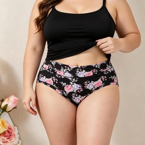 Image of Women's Underwear Plus Size XL-6XL Panties Briefs High Waist Rose Floral Print 6 Pack Undies