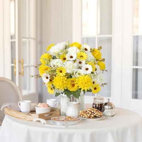 Image of Artificial Flower Bouquet for Home Decoration - 2 Pcs Faux Rose & Daisy Bouquet (Without Pot) Artificial Flowers for Living Room, Bedroom, Office, Vase Decoration (Yellow)