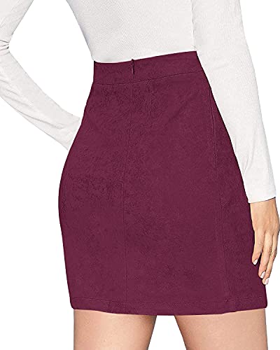 Image of MANGOPOP Women's Basic Faux Suede High Waist A-line Mini Pencil Bodycon Skirt (Wine Red, X-Large)