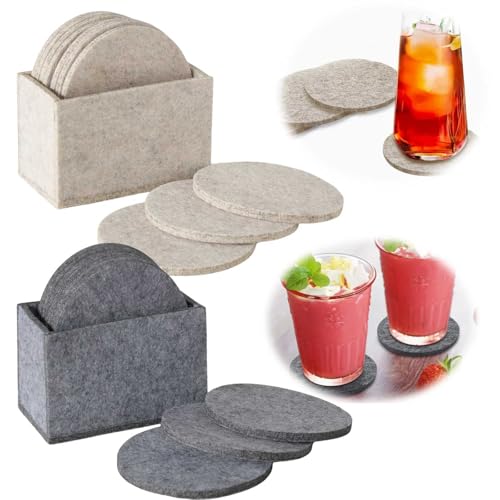 LS-LebenStil 10x Filz Glasuntersetzer Beige Rund 10cm mit Box für Bar Gläser Getränke Tassen Weinglas Bierglas Tischuntersetzer Getränkeuntersetzer