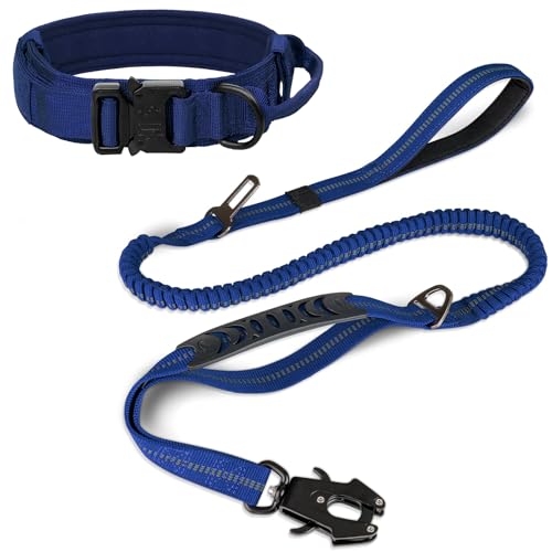 Joytale Tactical Dog Collar(17"-21") and Dog Leash Set, Shock Absorbing Bungee Dog Leash and Adjustable Strong Dog Collar with Handle for Large Dogs(Navyblue, L)