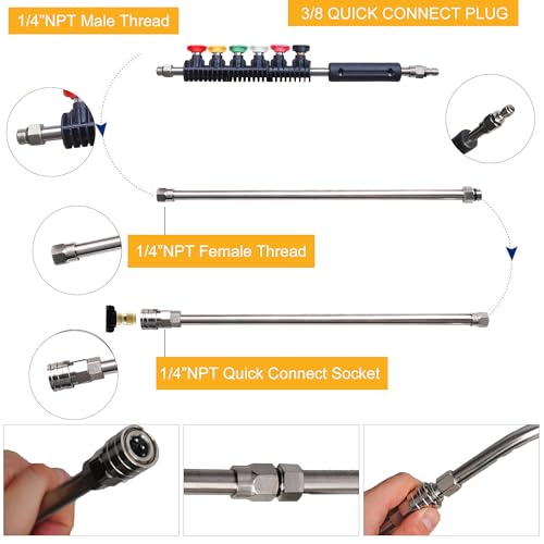 Xiny Tool Pressure Washer Extension Wand, 10 Pack Upgrade Power Washer Lance with 5 Atomization Nozzle Tips, 30°, 90°,1 Gutter Cleaner Attachment Curved Rod, 1/4" Quick Connect, 4000 PSI