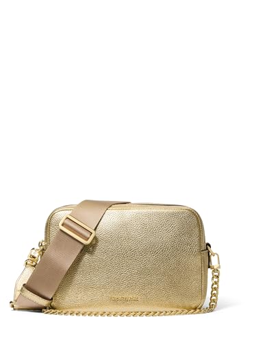 Michael Kors Bryant Medium Double Zip Chain Camera Crossbody Bag, Gold-Tone Hardware/Metallic Pebble Embossed Leather/Pale Gold