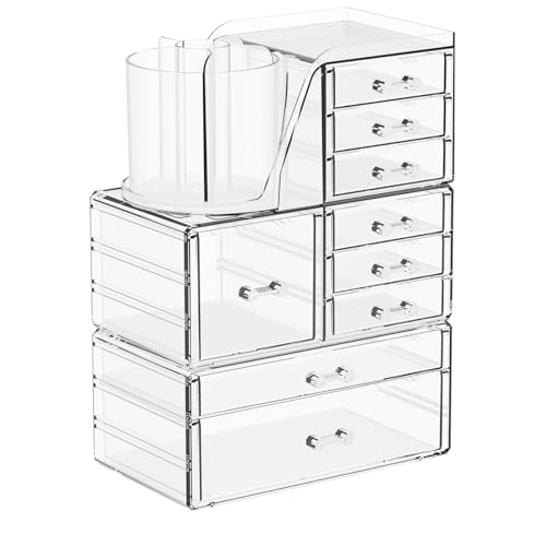 3 Pack Clear Makeup Organizer Countertop,9 Drawers Bathroom Vanity Organizer with Make up Brush Holder,Make up Organizers for Counter,Skincare Organizers for Dresser Top Beauty,Hair Product Organizer