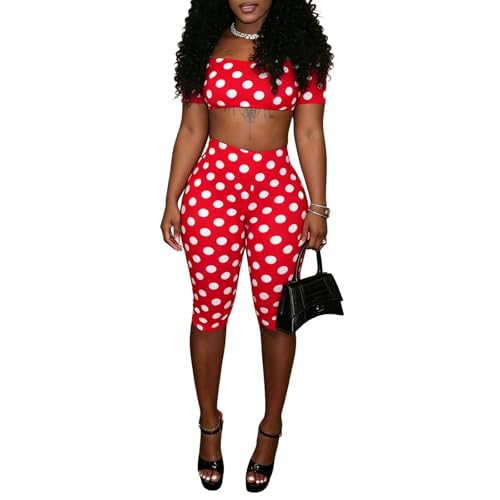 Molilove Sexy Two Piece Outfits for Women Polka Dot Off the Shoulder Crop Top and Capris Set with Headband Going Out Clubwear