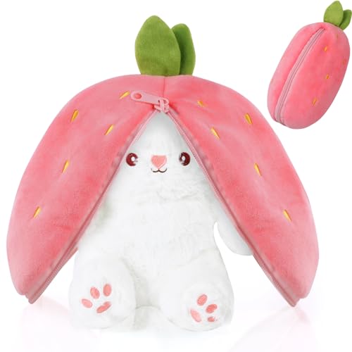 OSDUE Hasen Verstecken Flip Plüsch Spielzeug, Plüschtier Hase, Erdbeeren Karotten Hase mit Reißverschluss, Geburtstagsgeschenk für Jungen, Mädchen, Kinder (33cm Rot)