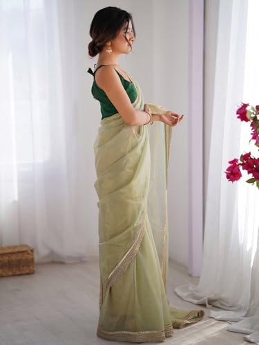 Image of AKHILAM Women's Shimmer Net Solid Saree With Unstitched Blouse Piece