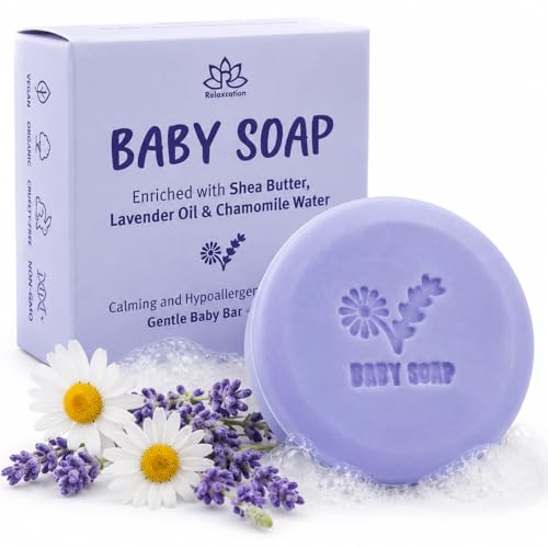 Relaxcation MADE IN USA LAVENDER &amp; CHAMOMILE BABY Soap Bar for KIDS with Lavender Essential Oils, Organic Chamomile Water, and Shea Butter - Naturally Cold Processed in the USA