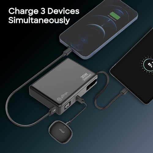 Image of pTron Dynamo Sprint 20000mAh Power Bank w /Built-in Charging Cable, 35W Super Fast Charging, USB Type-C Input Powerbank Compatible with QC3.0 /PD3.0, 3 Charging Outputs, Type-C Input /Output Port(Black)