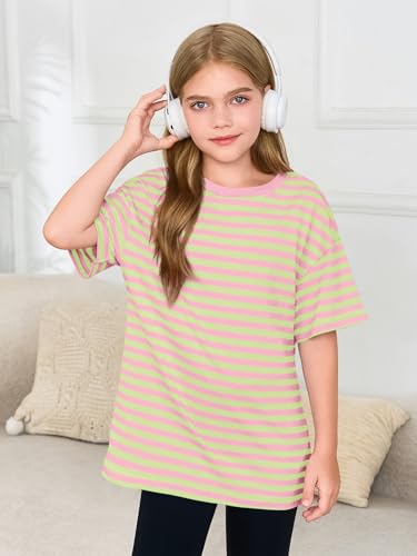 Image of Haloumoning Girls Striped Short Sleeve T Shirts Kids Summer Oversized Tops Casual Crewneck Tees 5-14 Years