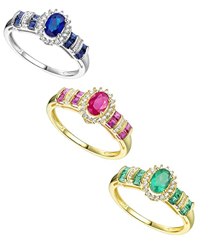 Tirafina Genuine Emerald And Diamond Ring, Alternating Design Of Genuine Gemstones And Diamonds, Center Stone Is Surrounded By Halo Of Diamonds, Gemstone Statement Ring, 14K Yellow Gold (Diamond 1/10 Cttw) #TOP2