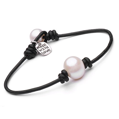 Cultured Freshwater Single Pearl Bracelet Handmade Genuine Leather Wrap Bracelet With Charm Jewelry Gift For Her 7.8'' Black #TOP1