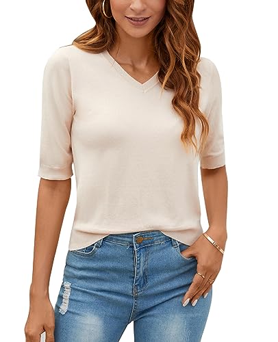 Women Summer Knit Shirt Blouse V Neck Short Sleeve Pullover Sweater Tops