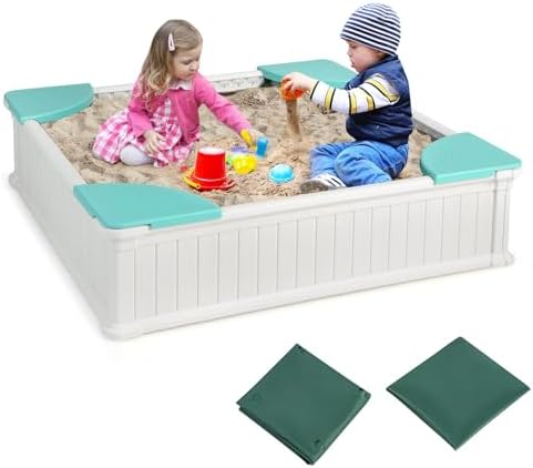 GLACER Sandbox with Cover, 4ft x 4ft HDPE Sand Box w/Oxford Cover, Bottom Drainage Oxford Liner, All Weather Resistant Sand Pit in Backyard Lawn Garden Beach for Kids (White)