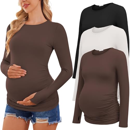 Ekouaer Maternity Long Sleeve Shirt Crew Neck Pregnancy Tops Casual Fall Tee Side Ruched Mama Clothes Black/White/Brown S