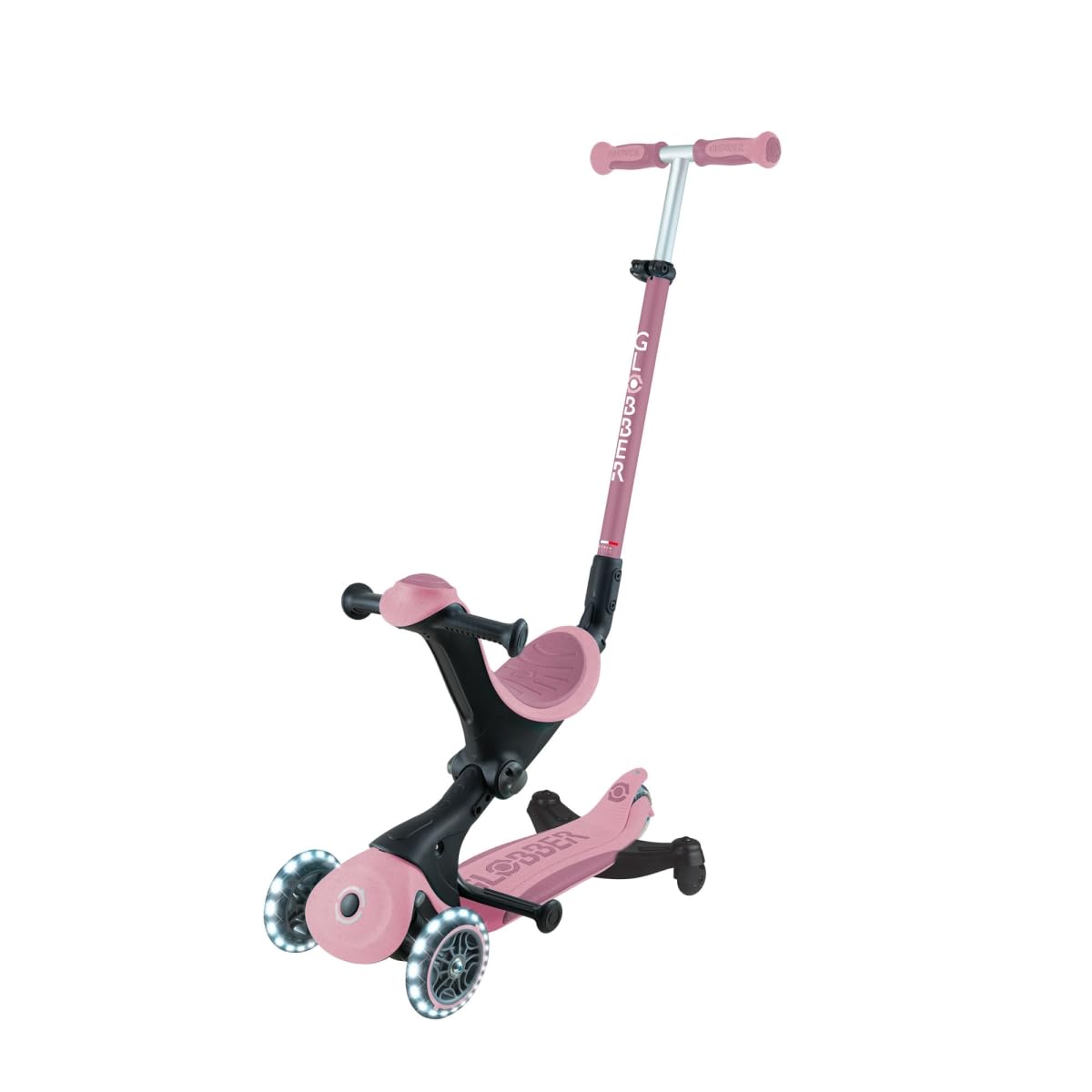 Globber - GO•UP DELUXE LIGHTS ECO 360 - monopattino evolutivo a 3 ruote con seduta girevole a 360°, poggiapiedi, luci LED e materiali sostenibili, per bambini da 15 mesi a 6 anni - rosa bacca