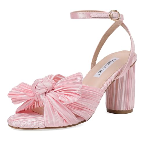 VIMISAOI Womens Bow Knot Pink Heels for Women Open Toe High Block Chunky Heels Ankle Buckle Strap Pleated Bride Wedding Party Dress Heeled Sandals for Women 2026