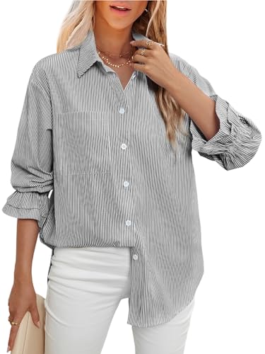 LEMAFER Women's Smocked Cuffed Stripe Boyfriend Button Down Shirts 2025 Collared Ruffle Sleeve Casual Top with Pockets