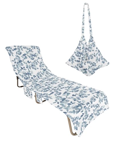 Blue Botanical Beach Lounge Chair Towel Cover, Soft Chaise Lounge Towel with Side Pockets Patio Pool Chairs Cover for Beach/Pool Sunbathing 29x85 Watercolor Blue Leaf Pastoral