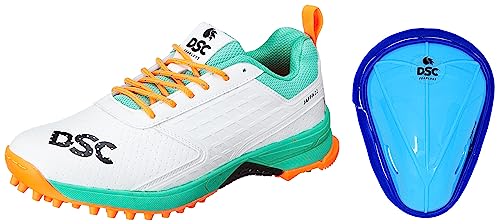 Image of DSC Jaffa 22 Cricket Shoes for Mens UK-7 Sea Green /Fluro Orange & DSC Attitude Cricket Abdominal Guard Men, Multicolor