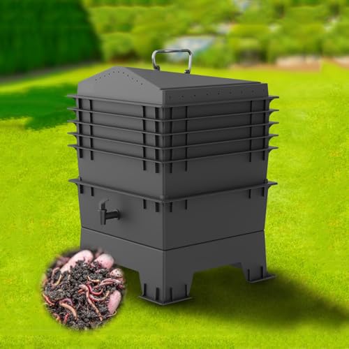 HSHBGS Kit Compostiera per Vermi, Compostiera da Giardino per Esterni, Composter per Vermi a 4 Vaschette, Bidone per Compost in Plastica Nera, Sistema di Compostaggio Efficiente con Drenaggio