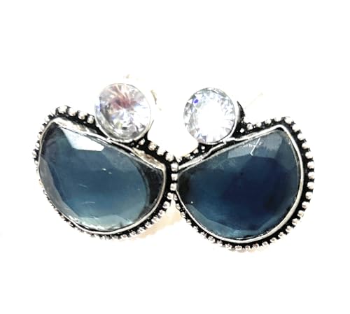 Image of Gold-Tone Spiral Hoop Earrings with Blue Cabochon Stone, Matte Finish, Stud Back