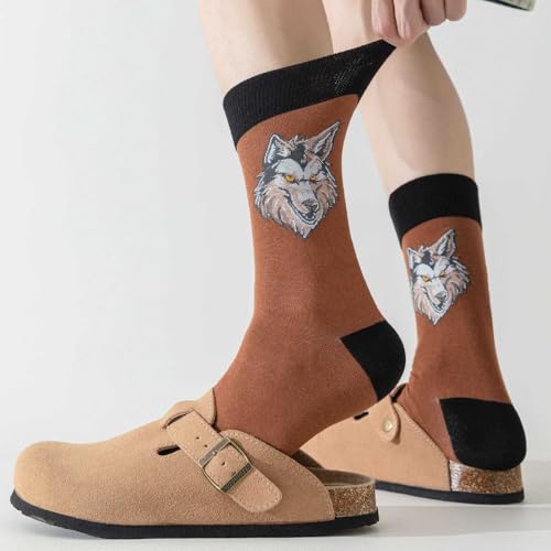 Image of 5 Pairs Cute Animal Crew Socks Fun Casual Cotton Calf Socks for Women (US, Alpha, One Size, Regular, Regular, Wolf)