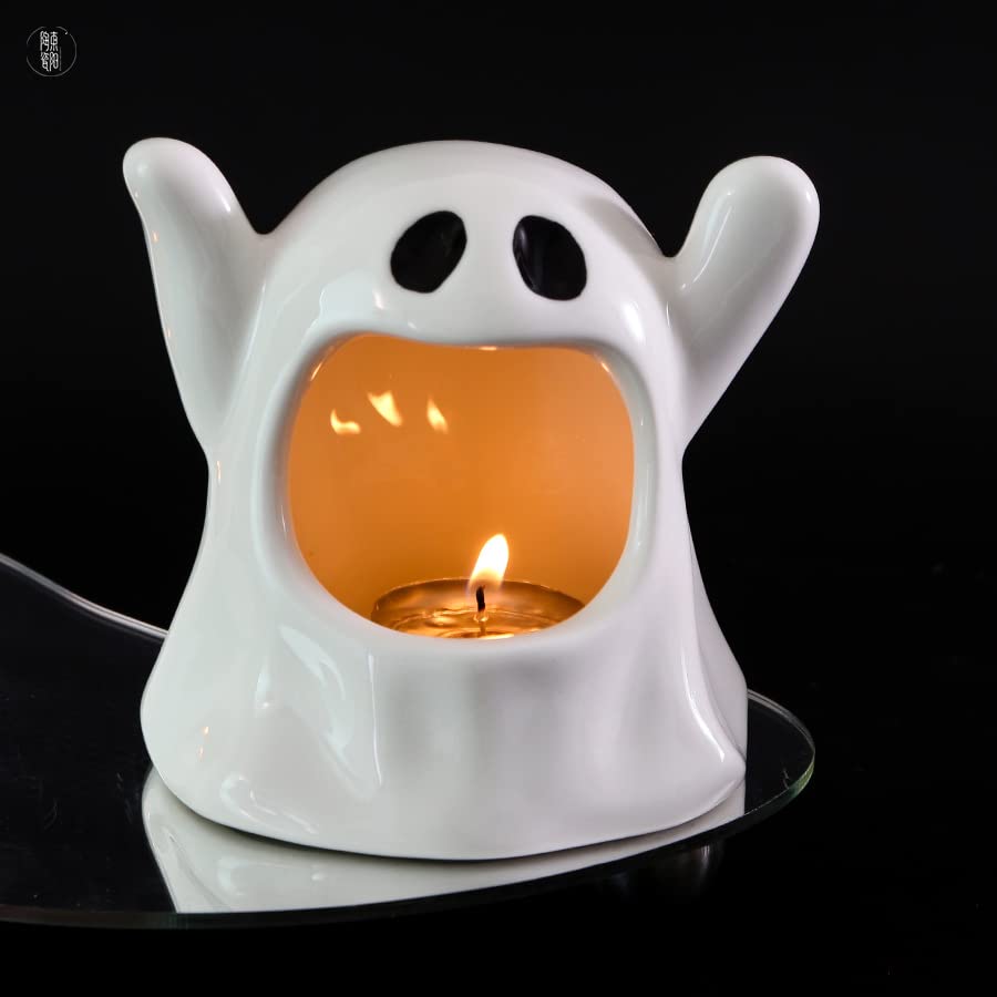 Halloween Ghost Candle Holder + 10 Candles Ceramic Ghost Decoration, Festive Halloween Candle Holder Cute Ghost Candle Holder Tea Light (White Ghost + 10candles)