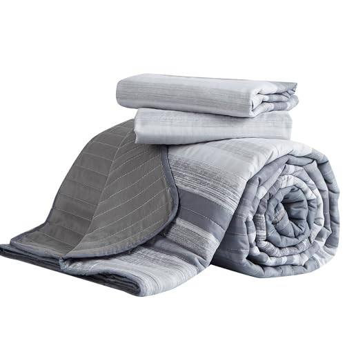 KAKIJUMN Striped King/Cal King Quilt Bedding Set, Soft Coverlet, Light Grey by KAKIJUMN - Used condition - Image 8