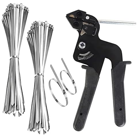 awagas 200PCS Stainless Steel Cable Ties and Metal Tie wrap Gun, Handy Cable Tie Gun with 4.6X270mm Self-Locking Cable Zip Ties, Zip Tie Tool for Cable Engineering Insulation Works Home Office Cover