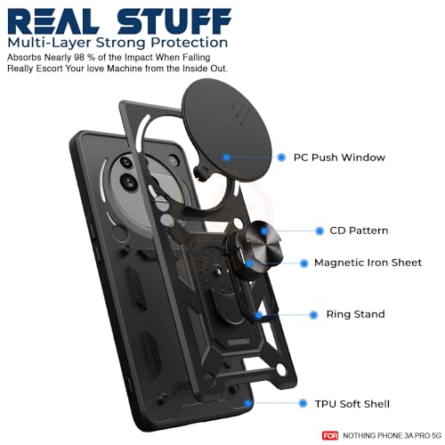 Image of Armor Bumper Back Cover Case for Nothing Phone 3A Pro 5G Rotating Camera Cover, Ring Holder & Kickstand | Heavy Duty & 360 Degree Protection Nothing Phone 3A Pro 5G Back Cover (Black)
