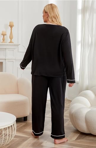 Pyjama lounge grande taille ensemble de nuit noir fluide col V manches longues