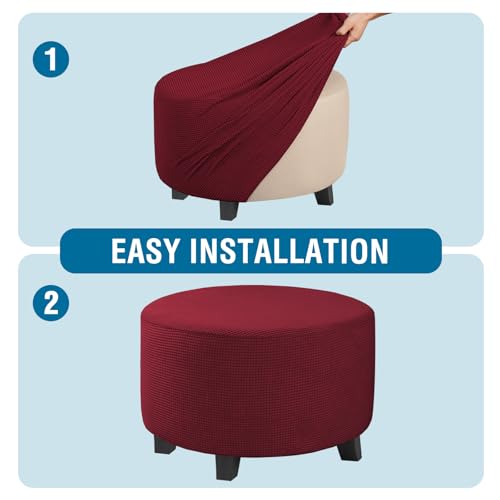 Image of H.VERSAILTEX Ottoman Cover Stretch Ottoman Slipcover Round Ottoman Storage Cover Folding Stool Covers Furniture Protector Cover for Footrest Ottoman Fit Dia 30 inch - 41 inch, Burgundy Red