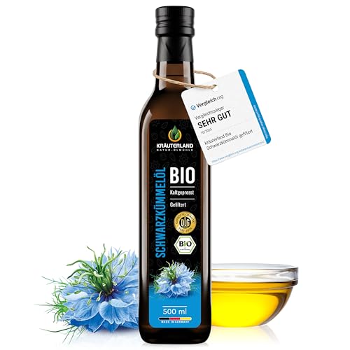 Kräuterland Bio Schwarzkümmelöl 500ml, gefiltert, ohne Zusatz von Aroma-, Farb- und Konservierungsstoffen, hoher Thymochinon, kaltgepresst, mühlenfrisch direkt aus unsrer hessischen Ölmühle