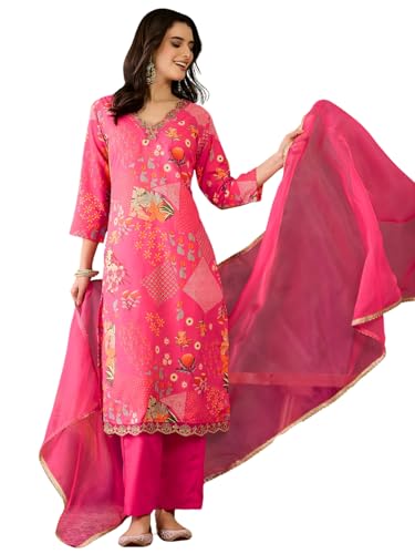 Image of Naixa Women's Lemon Chinon Embroidered Printed Straight Kurta with Green Pant | Chinon Laced Dupatta Set | 3 /4 Sleeve | V-Neck | Haldi (Available in Plus Size)