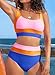 Herseas Women High Waisted Bikini Sets Sporty Color Block Wide Straps 2 Piece Round Neck 2026 Summer Swim Suits Push Up Soft Bathing Suit Fashionable Beach Outfits Pink Large