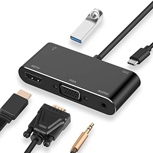 Hilitand USB Hub Converter, 5 in 1 Type-C to USB3.0x2 + HDMI + VGA + 3.5mm Audio + 4K HD TV Charging Port Adapter Charging Docking Station for Notebook Laptop for Projectors, Displays, TV