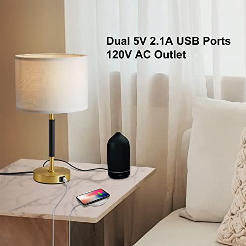 Suraielec Touch Control Table Lamp Set Of 2, Gold Lamp With 2 Usb Charging Ports & Ac Outlet, 3-Way Dimmable Modern Nightstand Lamp For Bedroom, Living Room, White Linen Drum Shade, Led Bulb Included #TOP2