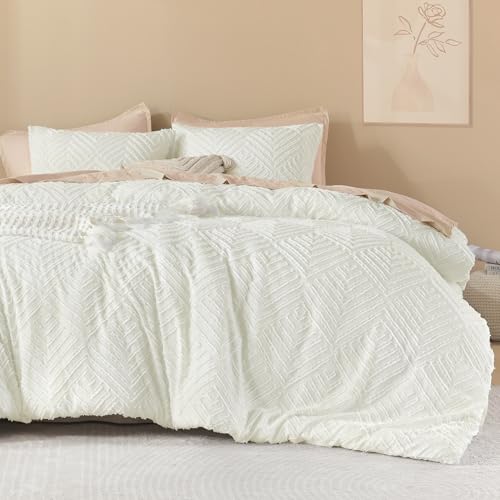 Image of Litanika Ivory King Size Comforter Set, 3 Pieces Tufted Boho Farmhouse Bedding Comforter Sets, Lightweight Fluffy Comforter Bed Set for All Season (104x90In Comforter and 2 Pillowcases)