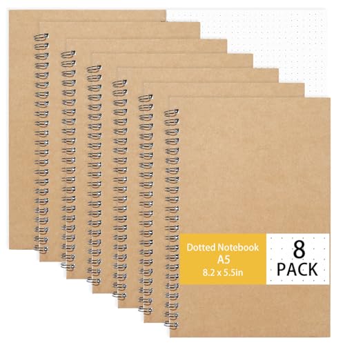 Yoosso Notizblock A5 Dotted, 8 Stück Notizbuch Spirale Notizblock Kraft Cover für Arbeit Schreiben Notizen Lernen (50 Blatt/100 Seiten)