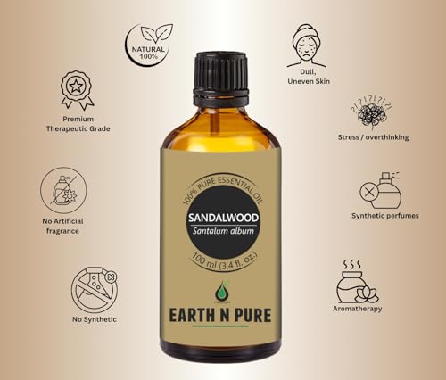 Image of Earth N Pure Sandalwood Essential Oil | 100% Pure & Natural | Steam Distilled | For Relaxation, Skin Nourishment & Meditation | 100ml
