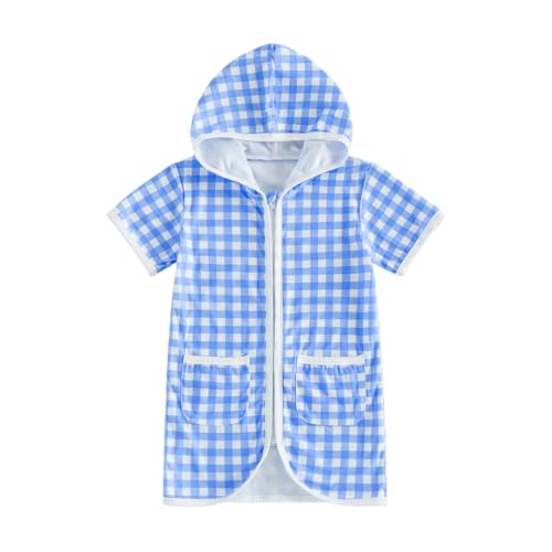 Image of Girls Boys Hooded Terry Coverups One Piece Swimsuits Summer Striped Trim Zip Up Short Sleeve Swim Cover Up Beachwear