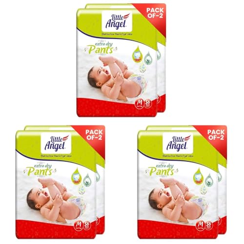 Image of Little Angel Extra Dry Baby Pants Diaper, Medium (M) Size, 112 Count, Super Absorbent Core Up to 12 Hrs Protection & Wetness Indicator, Pack of 6, 56 count /pack, Upto 5-11kg