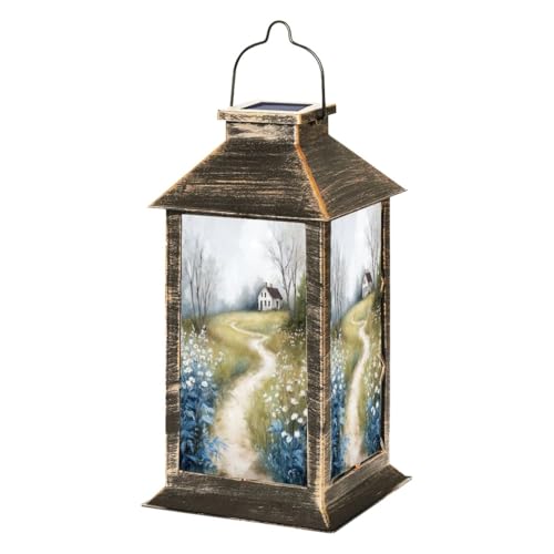 Solar Lantern Framed Floral Landscape Country Cottage Wildflowers Pathway Abandoned