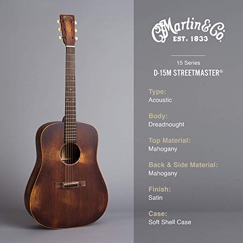 Martin Guitar D-15M Streetmaster With Gig Bag, Acoustic Guitar For The Working Musician, Mahogany Construction, Distressed Satin Finish, D-14 Fret, And Low Oval Neck Shape #TOP4