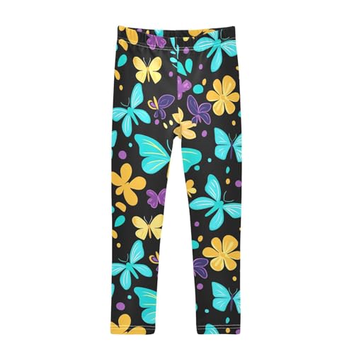 Blue Yellow Butterflies Flower Girls Leggings Ultra Soft Compression Yoga Gym Pants for Kids 4-10T