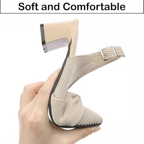 Women's Knitted Bow Breathable Slingback Low Block Heel Pumps Fashion Closed Square Toe Adjustable Ankle Buckle Slip-On Dress Chunky Heel Sandals for Work Wedding Office4