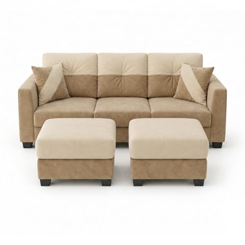 Image of Revola 5 Seater L Shape Sofa Set with 2 Movable Ottomans | Flexible Layout | Luxury Velvet Suede Fabric | Modern Living Room Sofa | Beige-Cream