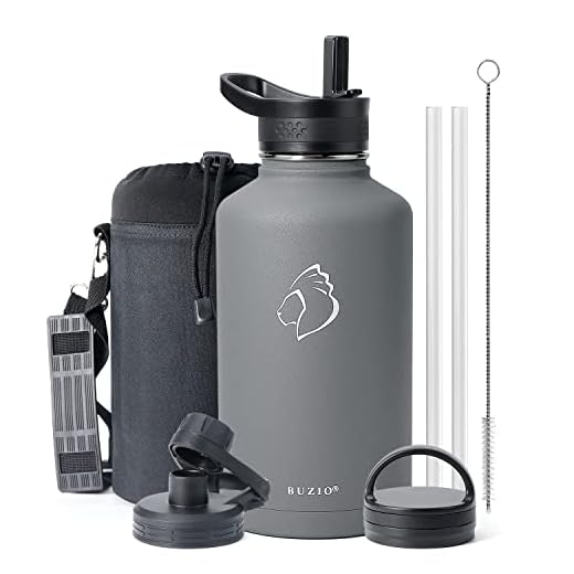BUZIO 64 oz Stainless Steel Insulated Water Bottle Flask Jug, Water Bottle with Straw Lids, Half Gallon Canteen Metal Thermo Mug Hydro Jug, Double Vacuum Hot Cold Water Bottles Carrying Pouch, Gray